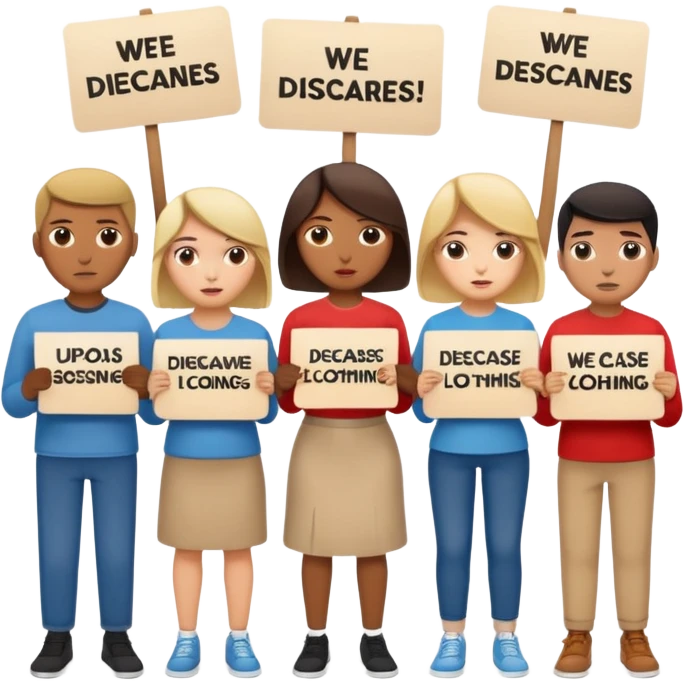 a crowd of people with unhappy faces and holding placards with the inscription: we disagree emoji