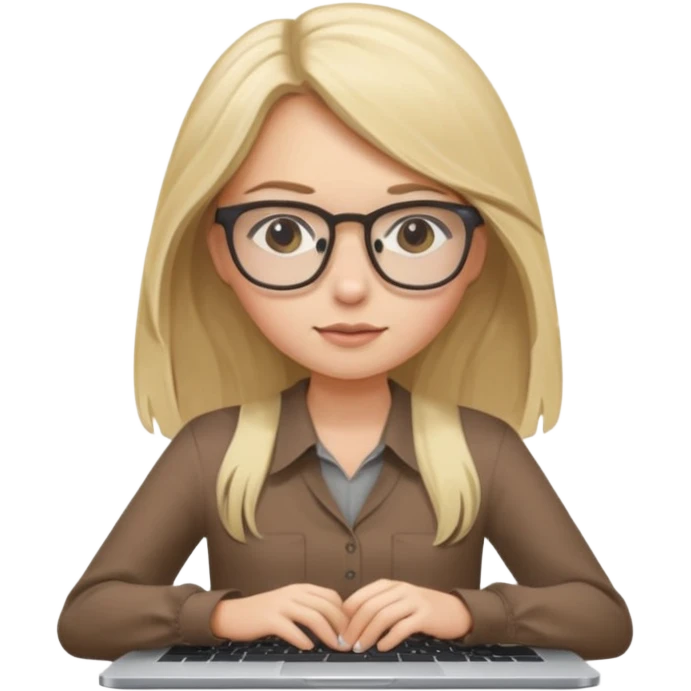 Girl in glasses, blonde long hair, brown blouse, typing on gray MacBook emoji