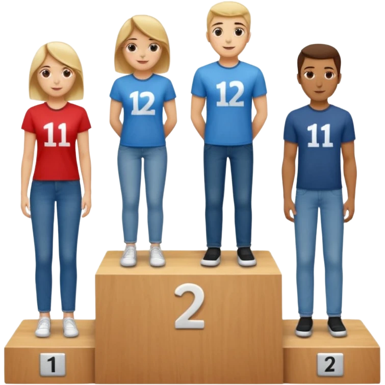 show people on podium in first, second and third place.  The podium should be labled 2, 1, 3.  The middle position should only have the number 1.  the people should be dressed in relaxed clothes like jeans and t-shirts emoji