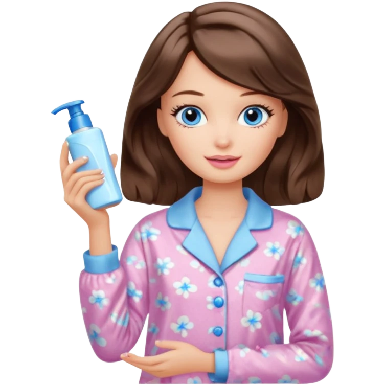 Barbie girl with makeup, blue eyes , and bob long haircut wavy, short brown hair in creamy color pajamas, face cream in hand emoji
