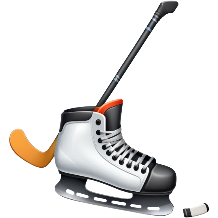 Please, make An icon featuring close-up shots of key hockey equipment: a hockey stick, puck, and skates. The background shows a packed stadium with cheering fans, bright arena lights, and an icy rink. Transparent background highlights the essentials of the game and the thrill of the sport. emoji