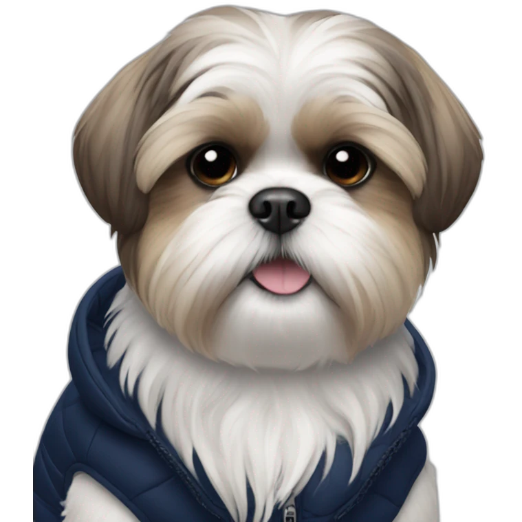 Short-haired shih tzu in sleeveless navy blue puffer jacket emoji