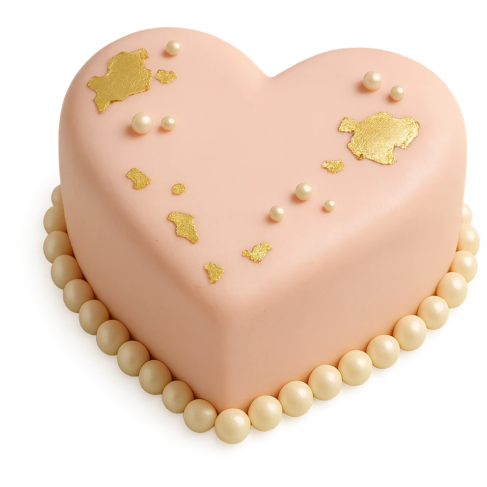 heart-shaped fondant cake with gold leaf and pearls emoji