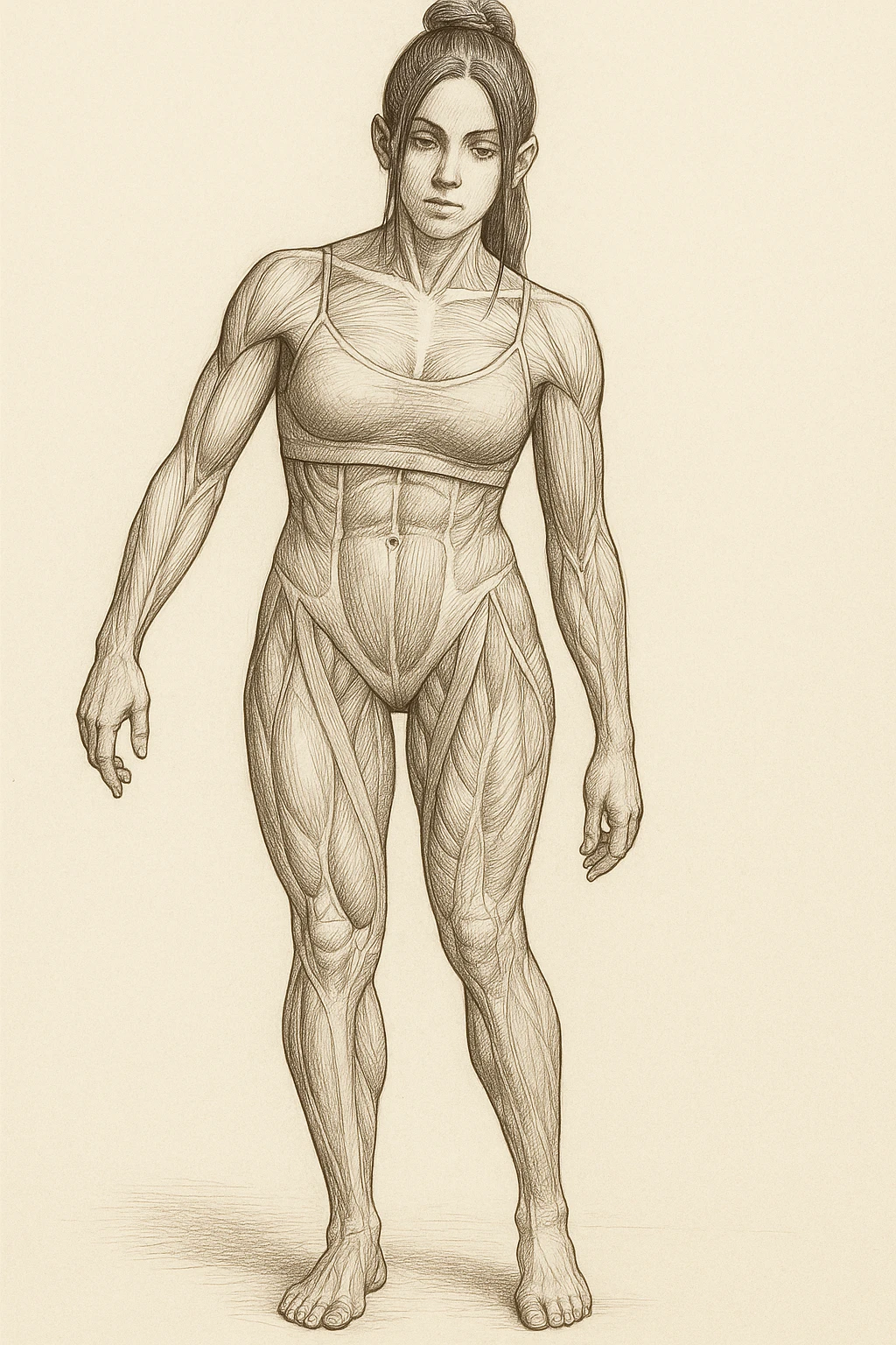 Anatomical style illustration inspired by the photo showing one leg visibly smaller and less hypertrophic than the other, highlighting the muscular difference between the legs, anatomical style, variant 2. emoji
