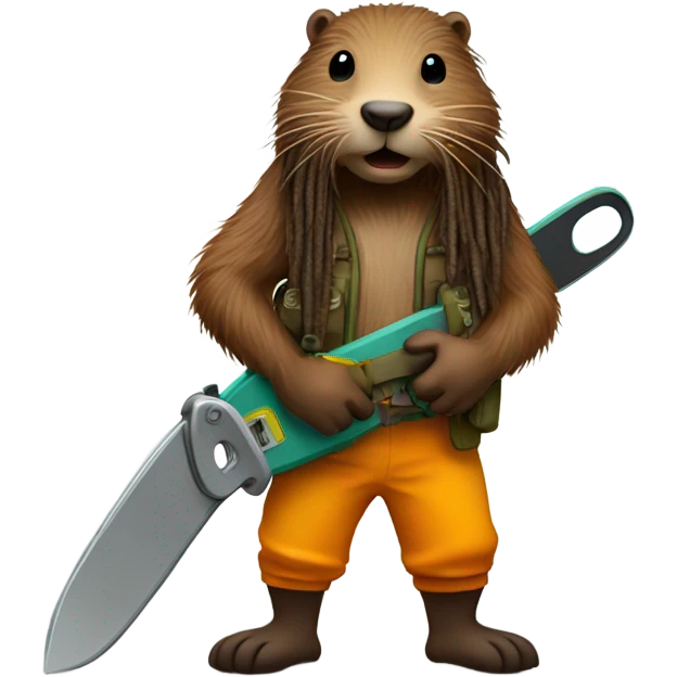 Beaver with dreadlocks wearing climbing gear holding a chainsaw  emoji