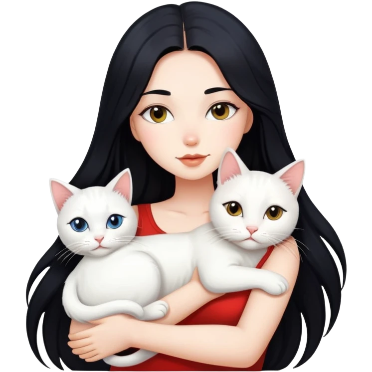 Beautiful sexy girl with long black hair hugs a white cat emoji