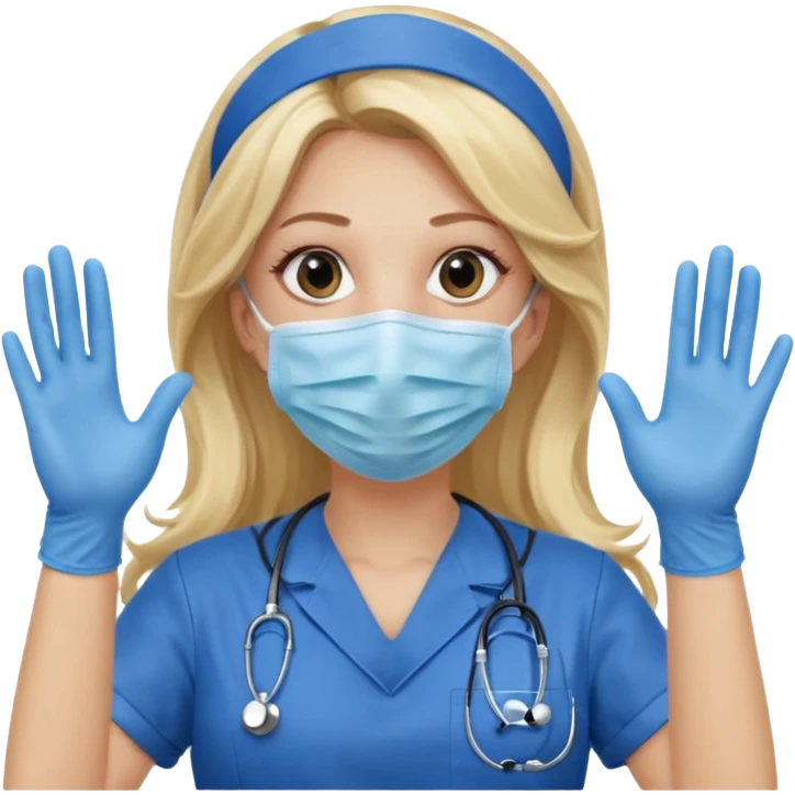 enfermera rubia con pelo largo sin nada en el pelo, con mascarilla y guantes azules las dos manos arriba emoji