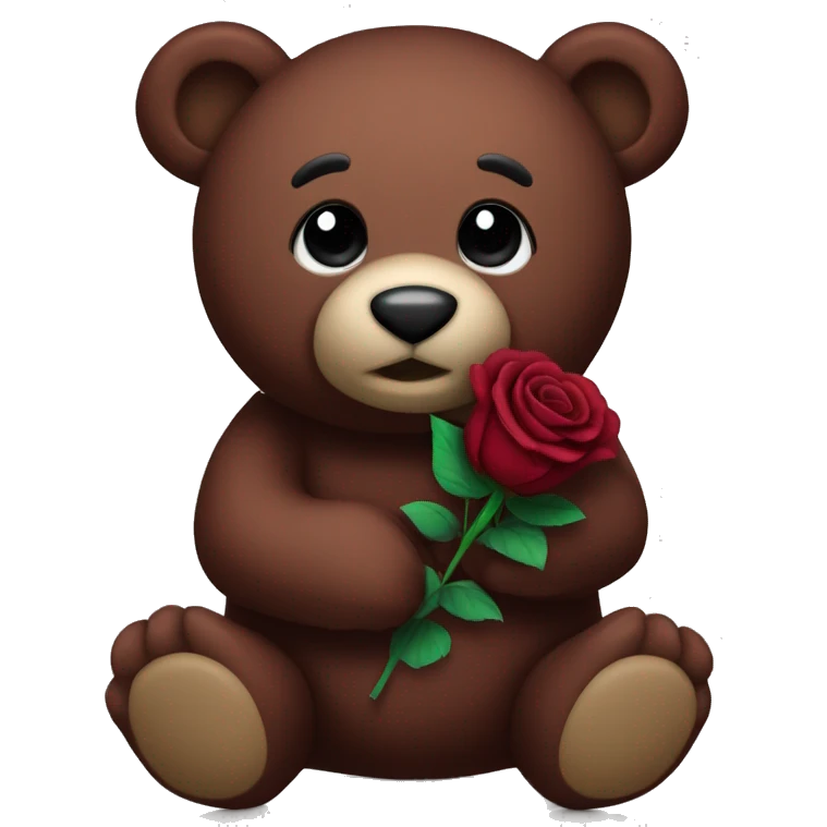 a burgundy stuff animal bear that’s holding 3 black roses emoji