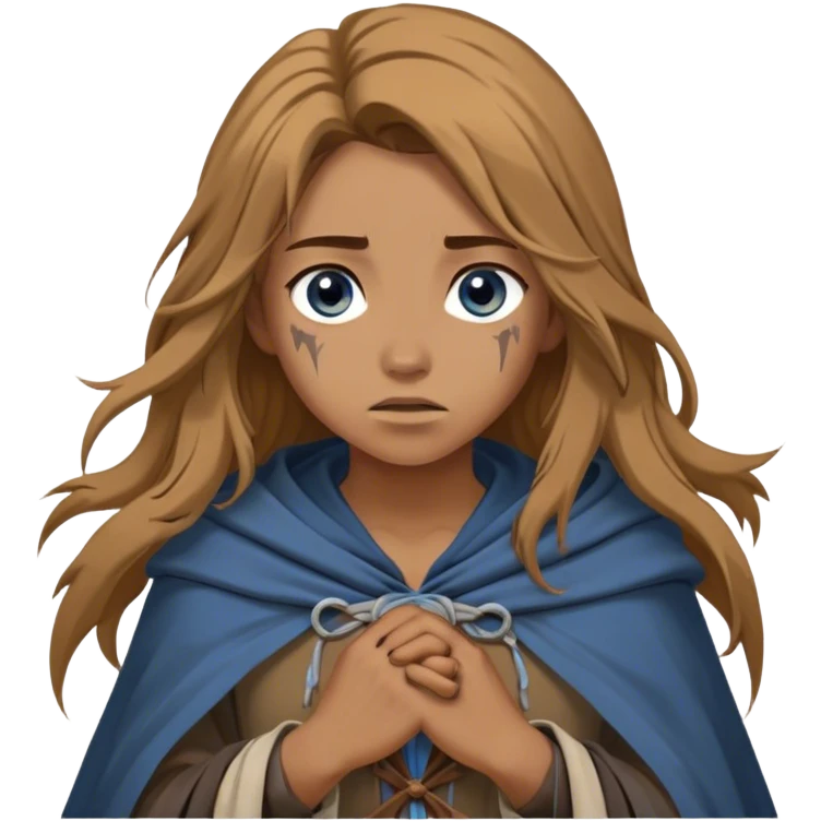 A young human woman with long, unkempt golden-brown hair, piercing blue-gray eyes filled with quiet determination. Dressed in a worn tunic and a tattered cloak, her calloused hands grip a bow, a hunter surviving against the odds. emoji