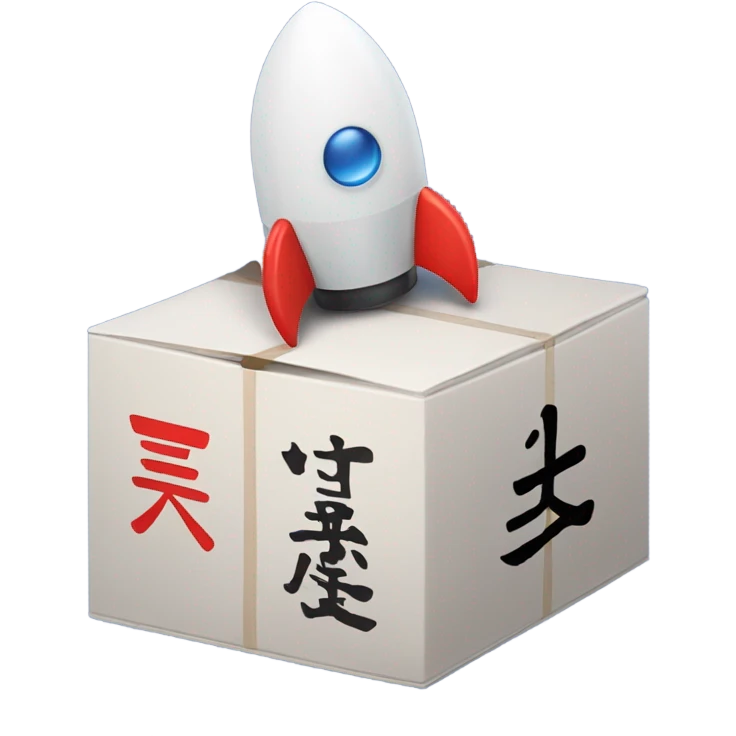 A box with Chinese characters, symbolizing a shipment from China.rocket ship emoji