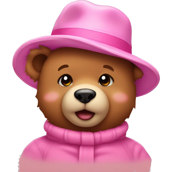 Teddy bear wearing a pink hat and blushing emoji