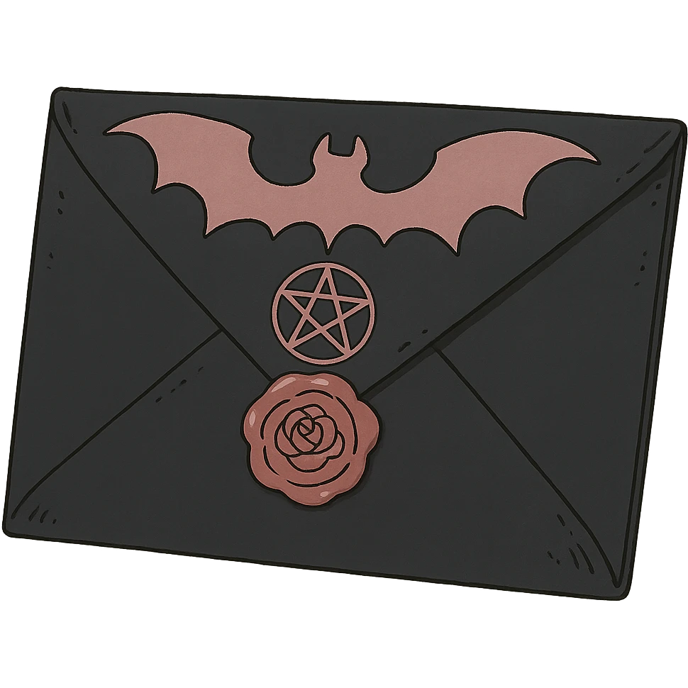 gothic envelope, black and pink, ghibli style emoji