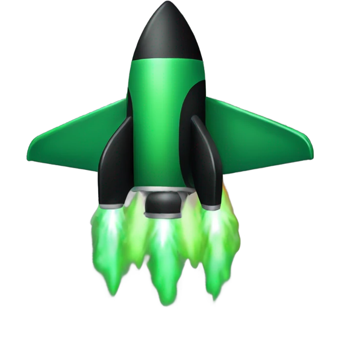 green and black rocket ship with green fire emoji