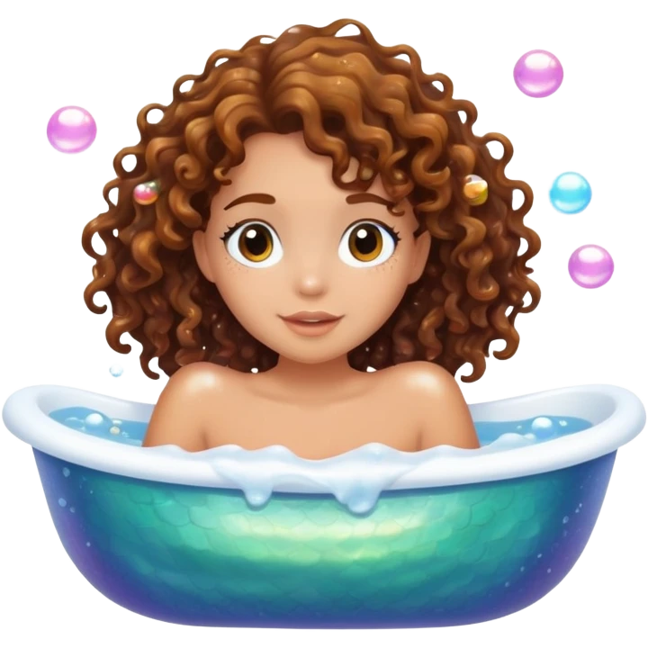 Brunette tan curly hair mermaid in bathtub emoji