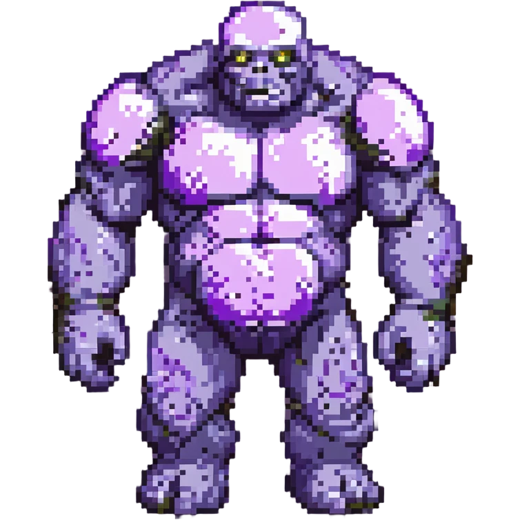 Make this golem inspired by the Clash Royale golem, but not an exact copy. Give it a rocky, hulking body, glowing purple cracks, and a fantasy vibe. Keep the pixel art style with a transparent background. emoji