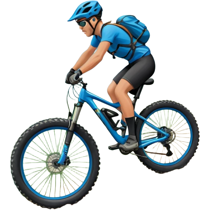 An icon featuring a mountain bike with thick tires on a rugged trail. The background showcases a breathtaking mountain landscape with green slopes, rocky peaks, and a bright blue sky. A cyclist in a helmet rides downhill, kicking up dust.  Transparent background emphasizes adventure and speed emoji
