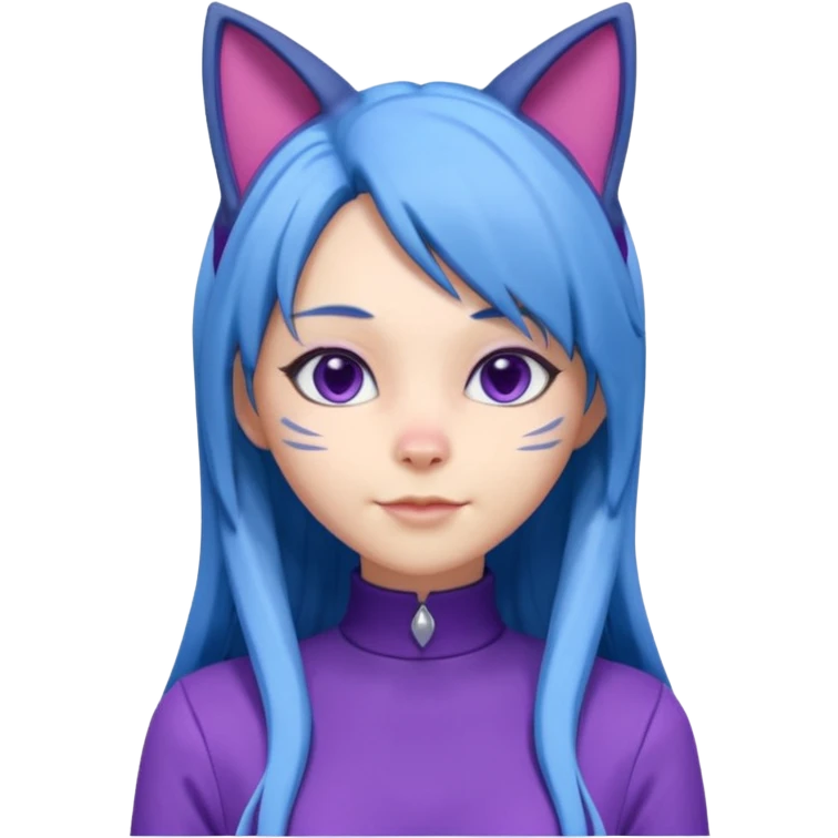 The image is a 3D rendering of a female character with long blue hair and cat ears on her head. She is wearing a purple outfit with a high neckline and long sleeves.  emoji