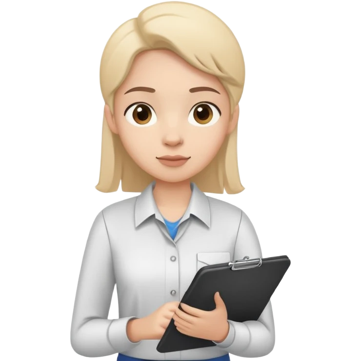 intern or volunteer holding a clipboard and pencil, ready to take notes or assist. The character wears a simple shirt and has an eager posture emoji