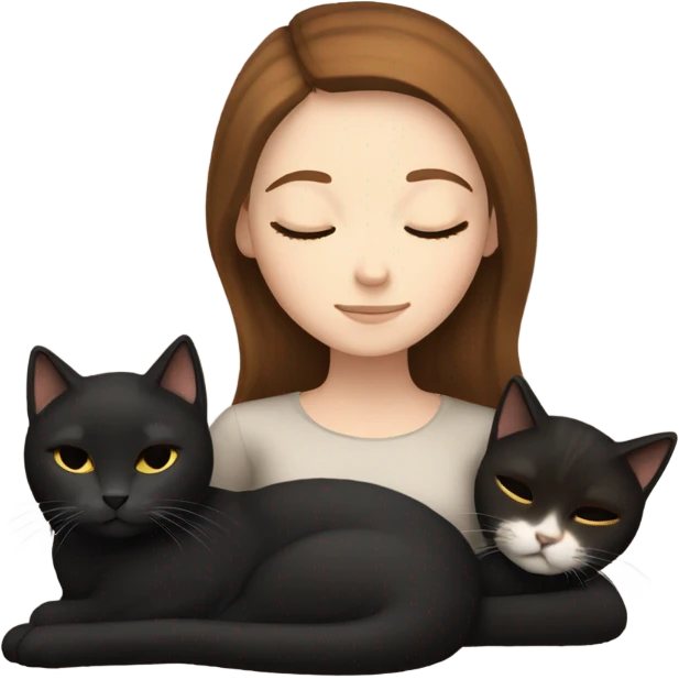 White girl brown hair sleeping, cuddle two black cats emoji