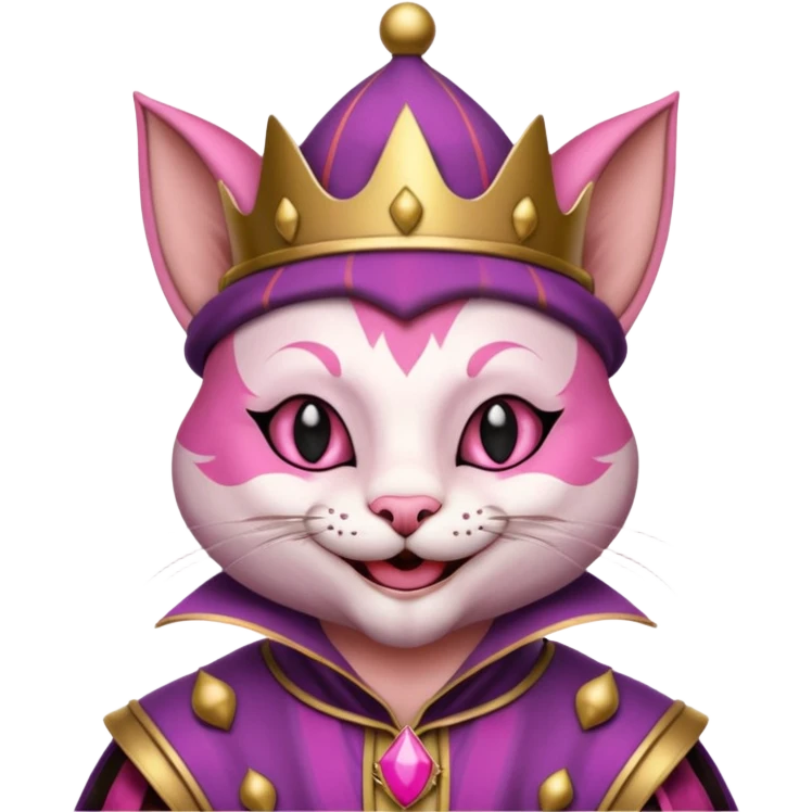 court jester cat medieval, single poker card joker clearly visible, pink, face only emoji