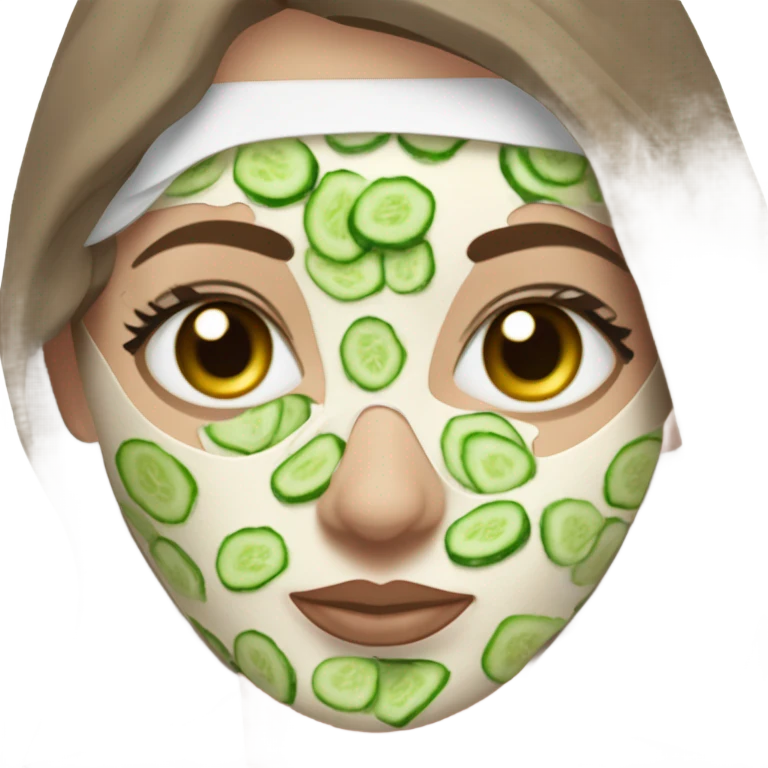 White girl with Brown hair and blue eyes wears a Green clay colored skincare textured mask and puts on cucumbers around her eyes while She relaxes in her white Robe emoji