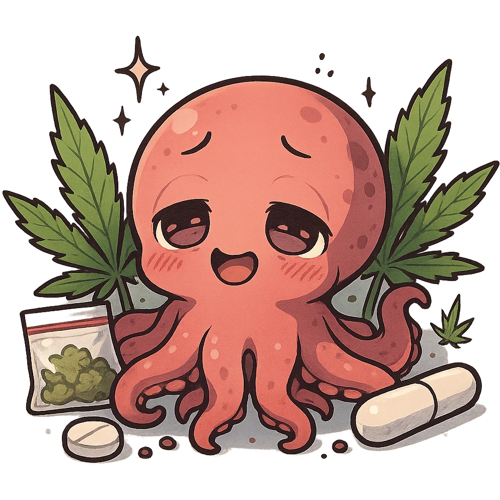 cute small anime kraken looking dazed and happy, surrounded by marihuana leaves, darknet and drugs theme emoji