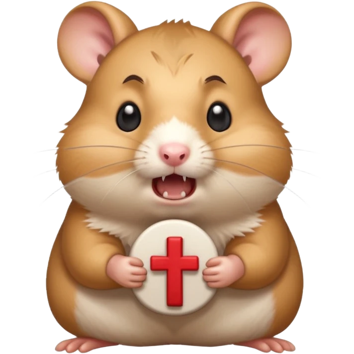 хомяк с испуганной  злой мордочкой и открытой пастью держит крест emoji