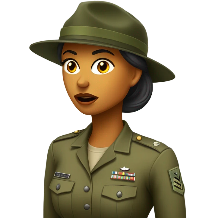 a female drill sergeant showing full torso wearing a classic sergeant hat and a camouflage army shirt. The character should have an angry intense expression.  emoji