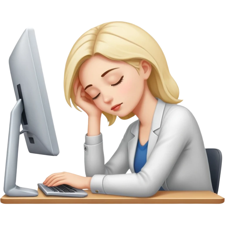 Woman dozing off at workspace with computer emoji