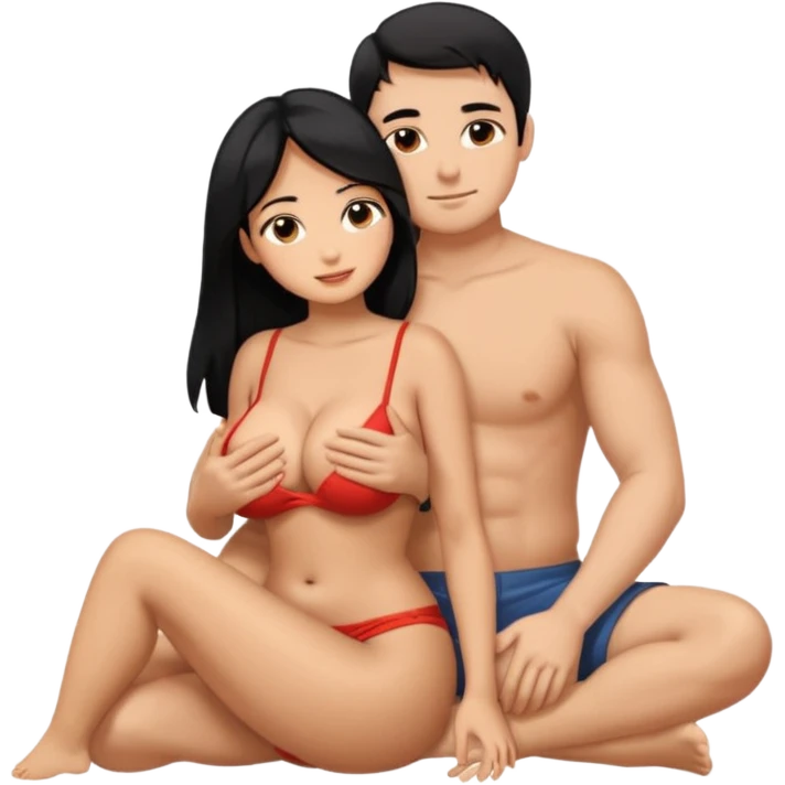 Мужчина и женщина голые в обнимку сидят на пляже, у него короткие тёмныеволосы, у неё черные длинные волосы. У неё большие сиски и большая жопа. Он по росту длинее. Стикер на пробный рост чтобы жопа была видна emoji