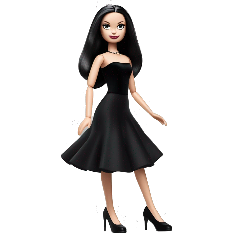  Bunny Wednesday Addams Barbie dancing.  Pretty face. Longer hair, short black flowing strapless tight evening gown with  plunging neckline that’s off-the-shoulders that also shows her legs and black shiny velvet high heel shoes. emoji