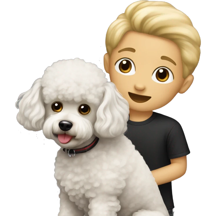 A blonde toy poodle with a black haired boy emoji