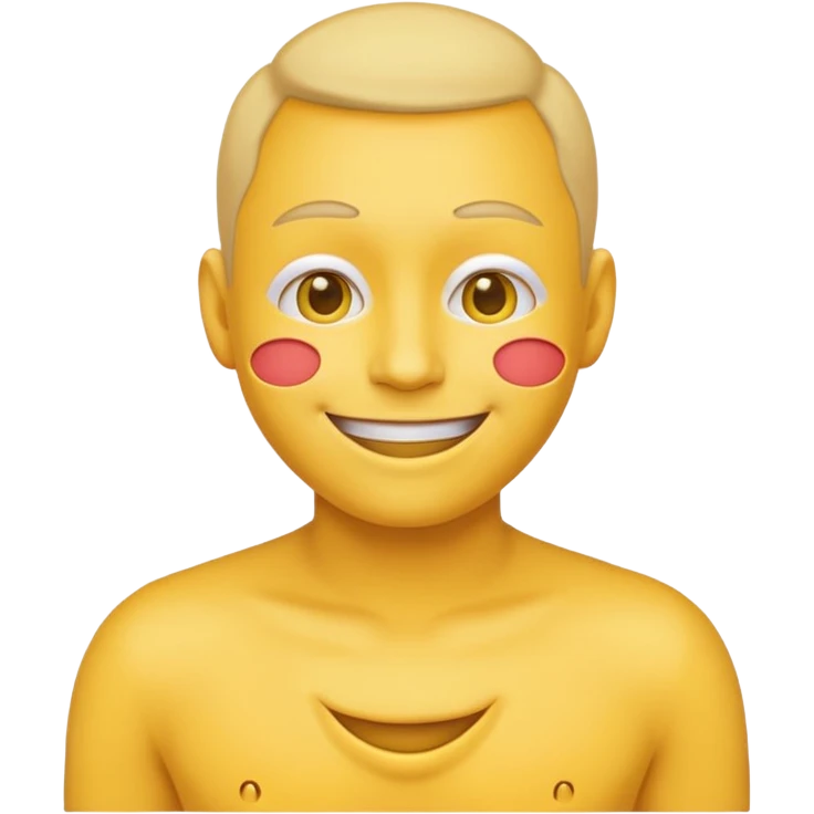 An ashamed, smiling yellow face emoji with huge breasts in front. emoji
