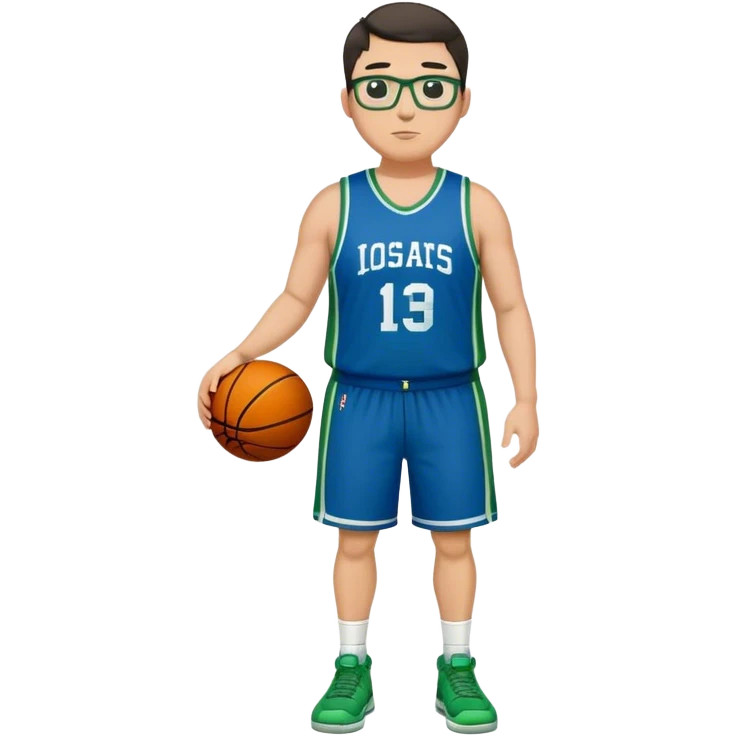 Full Body tall plus size white male with dark short hair basketball player wearing glasses wearing blue green uniform emoji