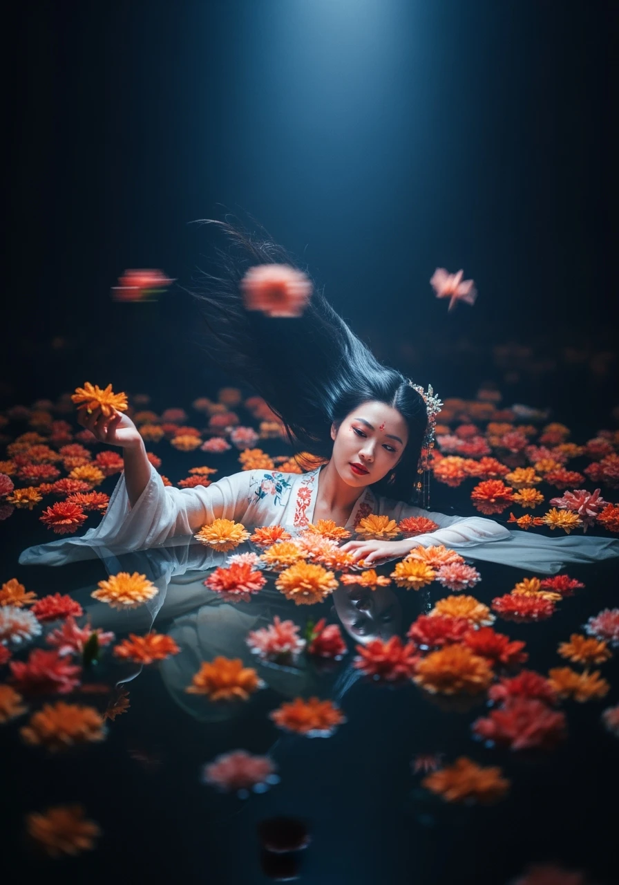 Camera drom top, Motion blur Extreme Closeup photo of a beautifull woman lay around beautifull colorfull flowers in water, cinematic light, 8K, very detailed, sharp, depth (foreground, midground, background) Spotlight, dark environemnt, blue and orange colors emoji