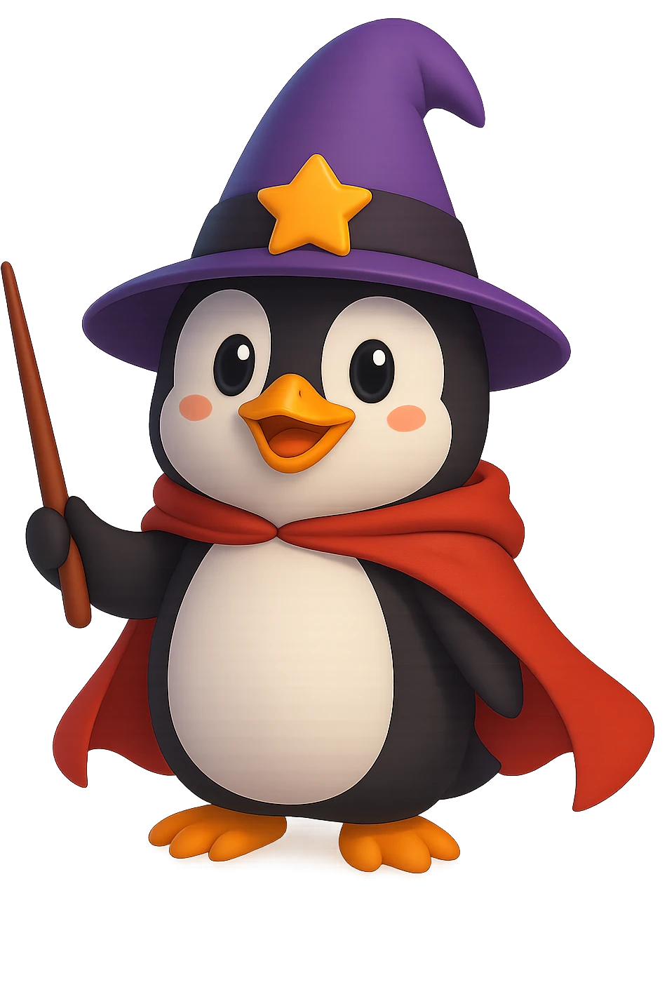 A penguin wizard with a pointy hat and a magic wand and a red cape with no background emoji