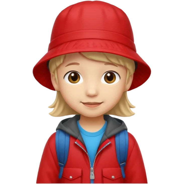 Little student wears red bucket hat and jacket, backpack, shy emoji