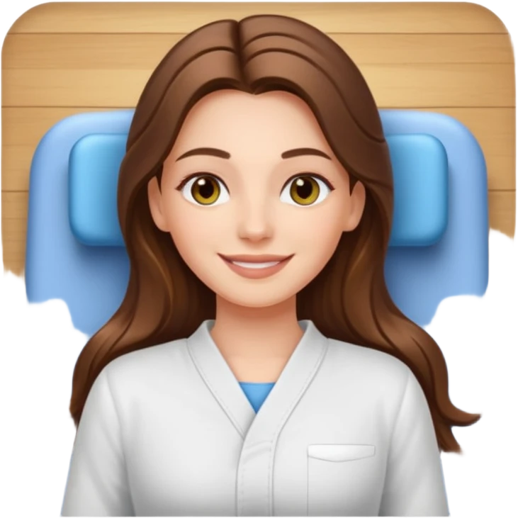 smiling white long brunette hair girl with hazel eyes laying on massage table emoji