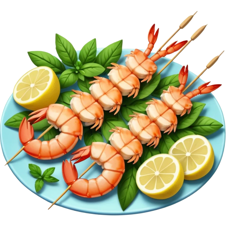 Draw grilled prawns on skewers with herbs & lemon slices. emoji