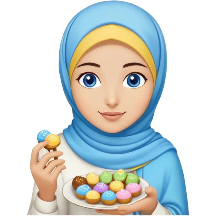 Turkish beautiful finish Konya girl blue eyes with lila yellow hijab islamic dress and had on her hand text Eid Mubarak with sweets and celebrating with her friends eid days   emoji