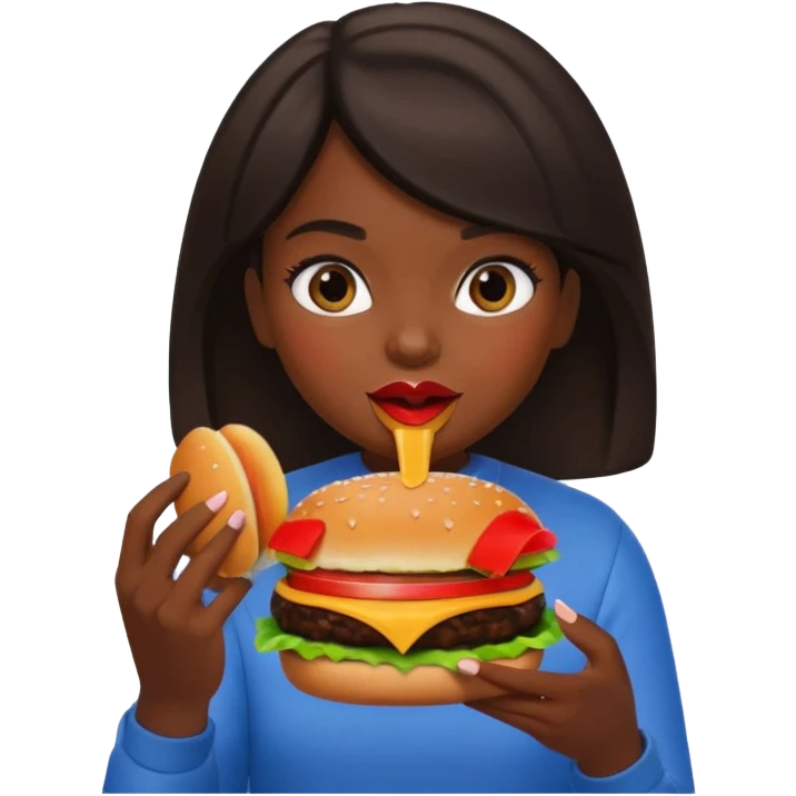 a girl with dark hair eating a burger, apple memoji style emoji
