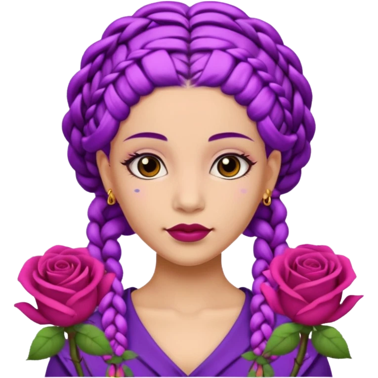 CrownedOlive skin queen with purple braids, brown eyes surrounded by roses emoji