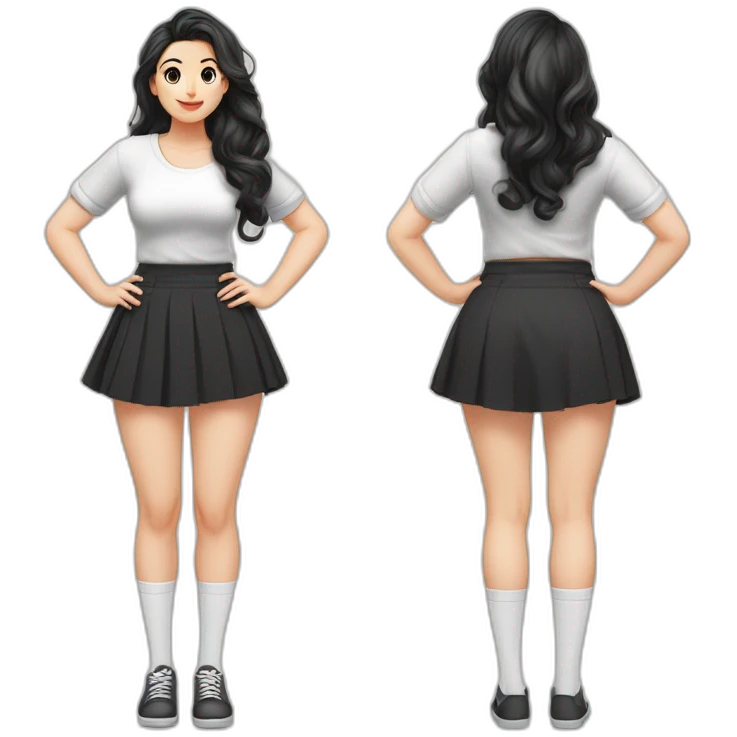 full-body-caucasian-curvy-beauty-наклоняется к земле-short-black-skirt-back-and-front-views-strong-wind-knickers-long-white-socks emoji