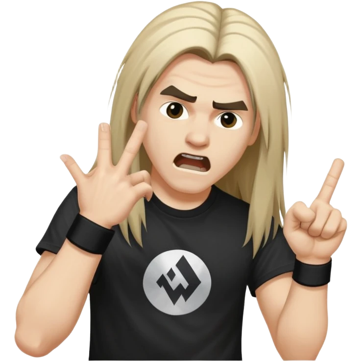 A person headbanging with long hair, wearing a black band t-shirt, making rock hand gesture emoji