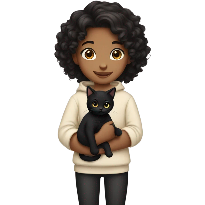 Girl holding black kitty. The girl has dark long curly hair and tan skin color  emoji