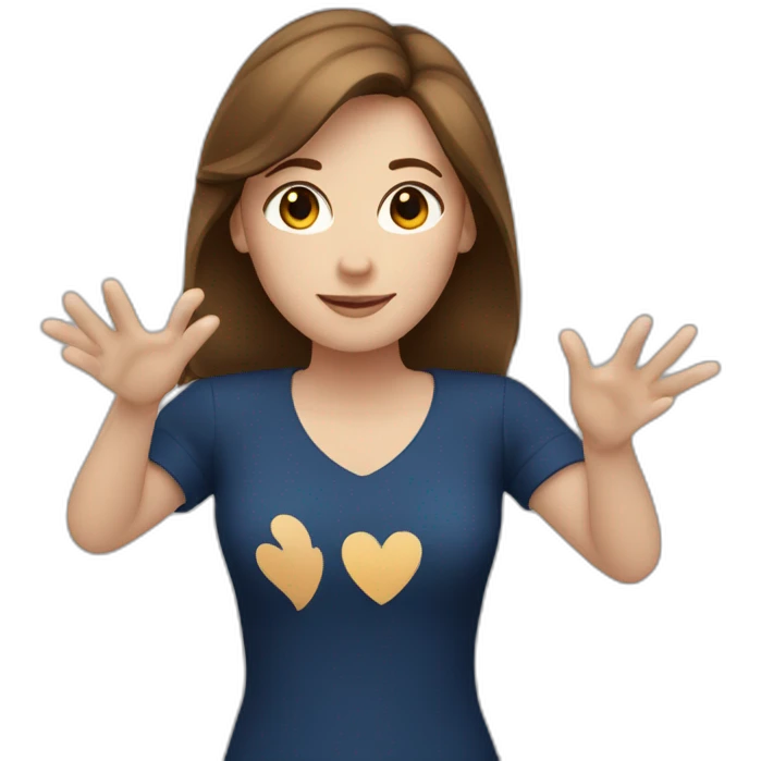 A white woman with brown hair, dark blue blouses and making a heart symbol with her hands emoji