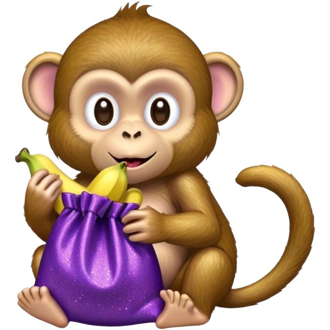 Monkey eating a banana with a purple glittery bag emoji