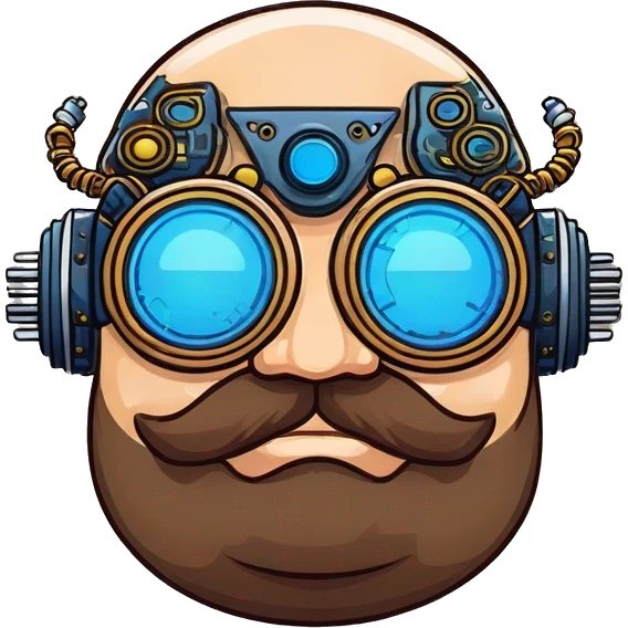Fat bald cyborg head with blue steampunk goggles, brown beard and circuits emoji