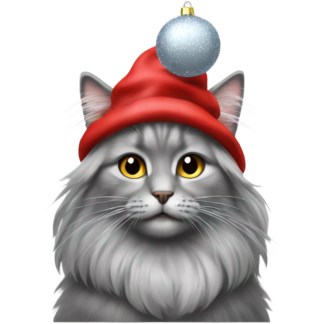Grey long hair cat with Christmas hat and baubles emoji