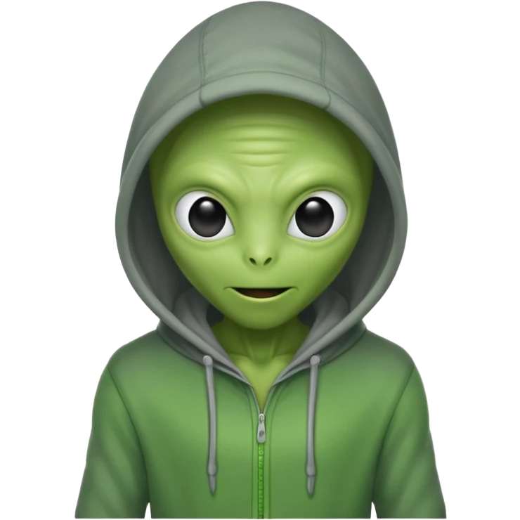 green alien in gray hoodie full height, wear hoodie hat, happy emoji